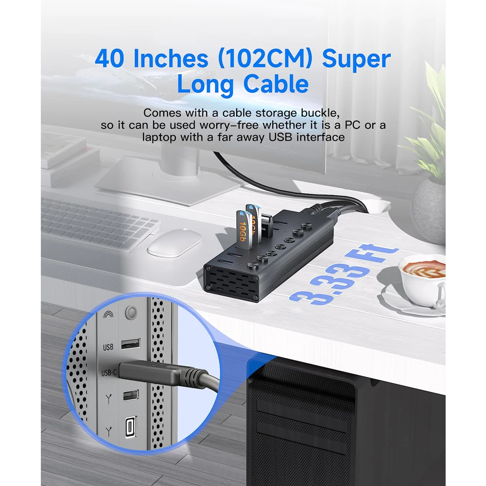 FORIDA 7 Port USB A Docking Stations 10Gbps Power USB 3.2 Hub Splitter On/Off Switch Adapter for Laptop PC Flash Drive Phone 5