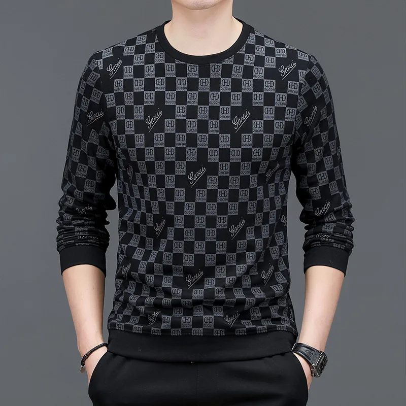 Spring and Autumn Men's Pullover Round Neck Letter Print Checkered Geometric Contrast Color Long Sleeve T-shirt Hoodies Tops