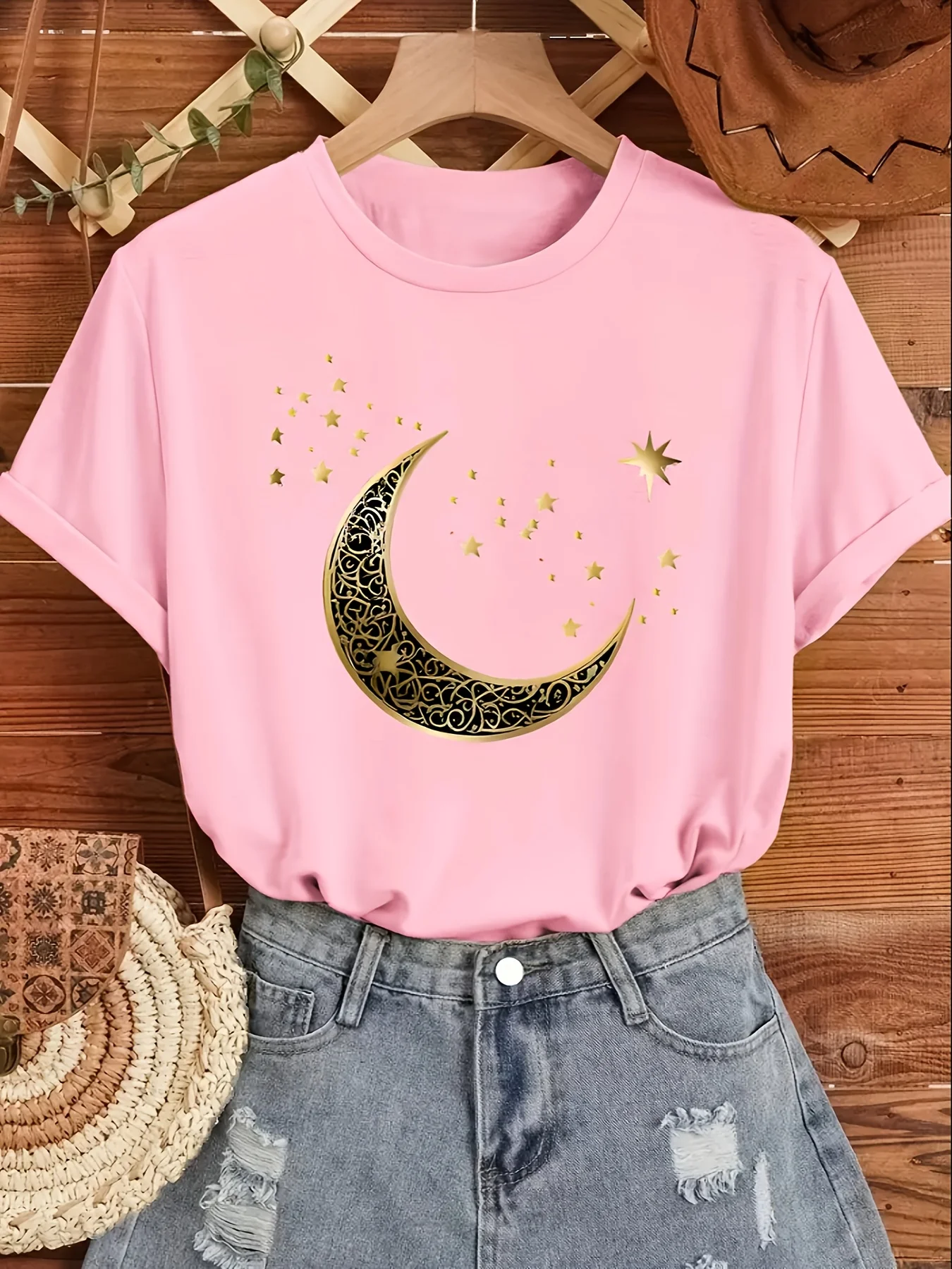 Women'S Elegant Moon Stars Print T-Shirt Casual Short Sleeve Crew Neck Top for Spring Summer Golden Print Top Comfortable Fit 3