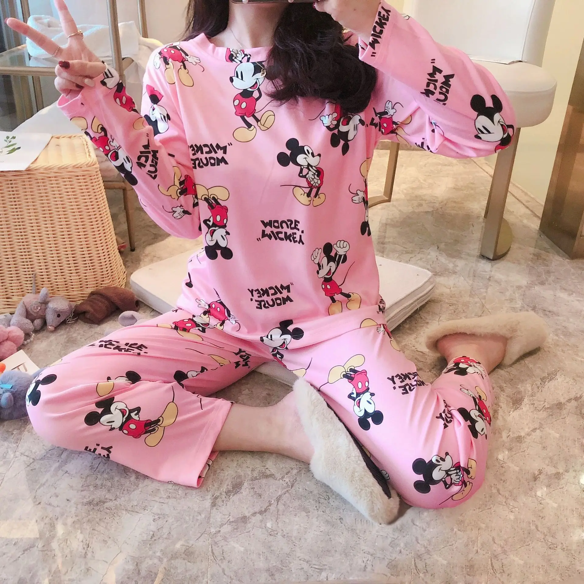 Striped Mickey Minnie Pajamas Spring Autumn New Pajamas Women's Long-sleeved Trousers Cartoon Loose Home Clothes Suit 6