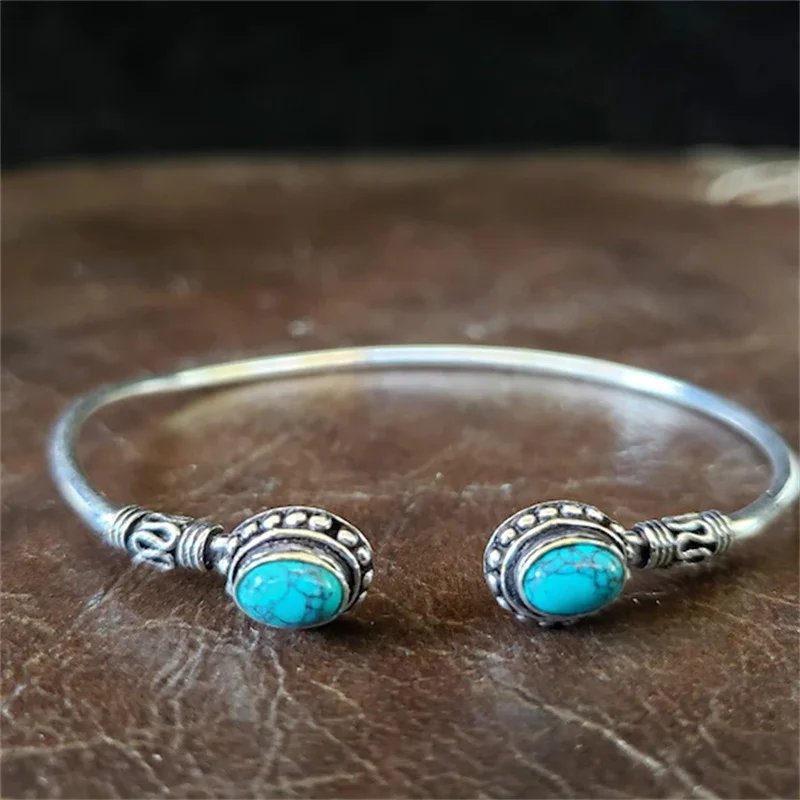 Bangle Bracelet Stone Bracelet Bohemian Style Female Open Bangle Bracelet Retro Simple Blue Natural Stone Bracelet Holiday Gift Summer Jewelry