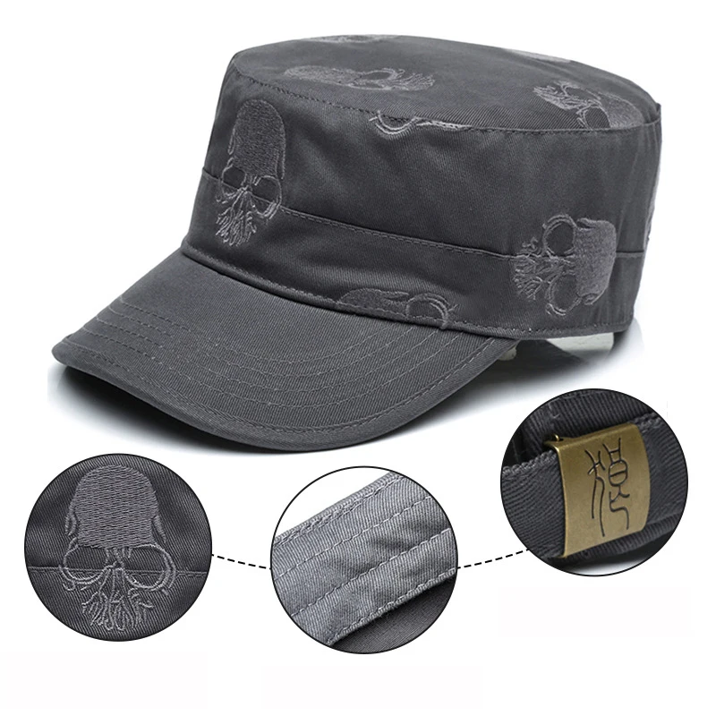 Large Big Size Male Army Hat Cool Men Outdoor Casual Skull Embroidered Personality Leisure Flat Cap