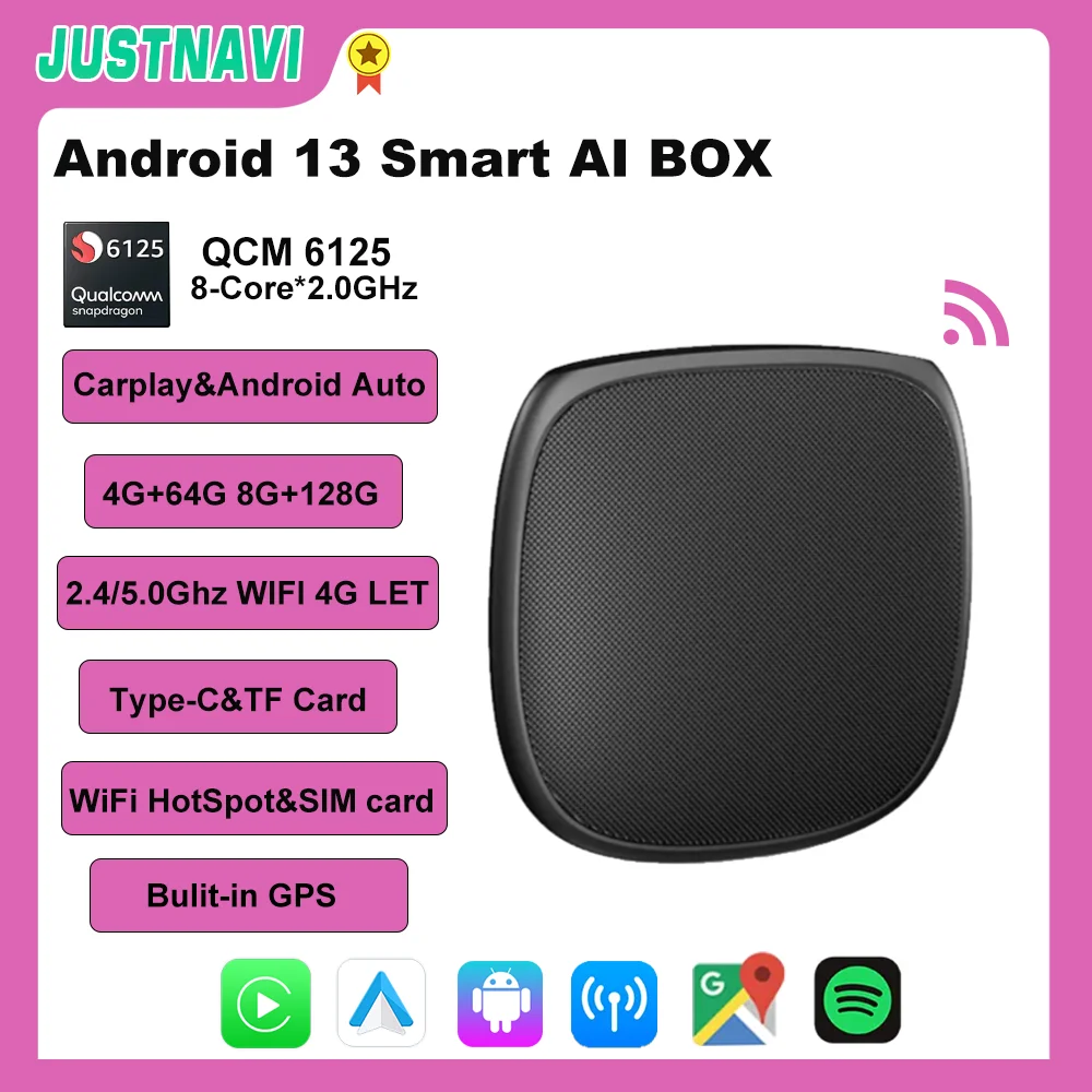 

JUSTNAVI Portable CarPlay Ai Box Android 13 QCM 8-Core 6125 Wireless Android Auto for OEM Wired Carplay Cars Built-in GPS Player