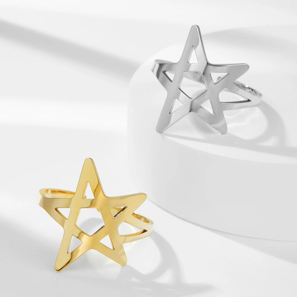 COOLTIME Hohle Pentagramm Verstellbare Ringe für Frauen Edelstahl Trend Stern Mond Ringe Schmuck Geschenk