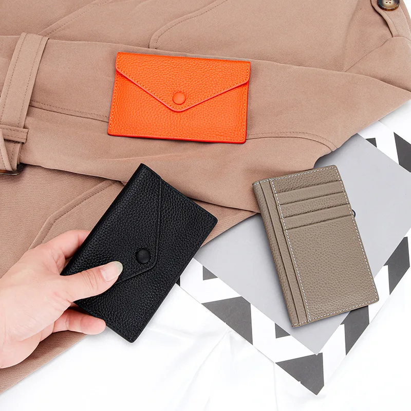 Top Layer Cowhide Wallet Lychee Patterned Multi Card Slot Zero Wallet for Men and Women Simple Envelope Design Mini Card Holder