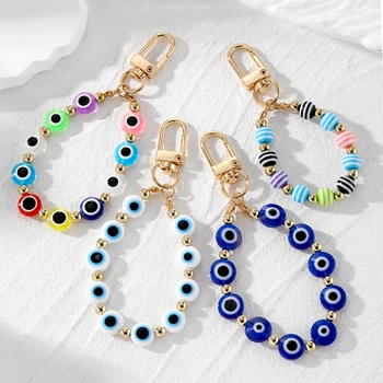 Colorful Round Evil Eyes Beaded Keychain Key Ring For Couple Lover Boho Turkish Lucky Blue Eye Bag Airpods Box Car Phone Lanyard 1