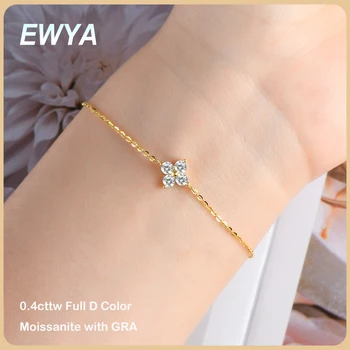EWYA Lucky Clover GRA Certified 0.4cttw D Color Moissanite Link Bracelet for Woman Girls 925 Silver Plated 18K Party Bracelets