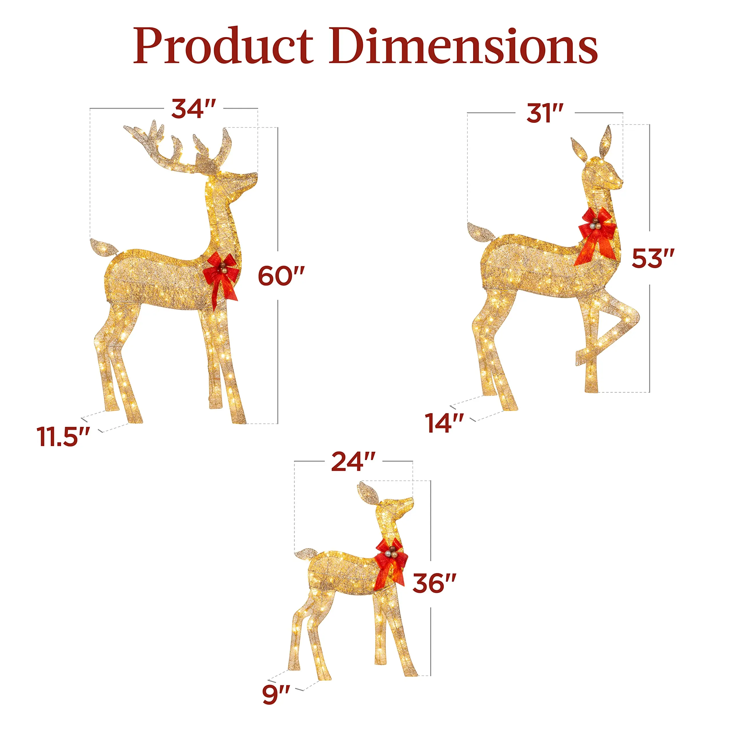 3-Piece Large Lighted Christmas Deer Family Set 5Ft Outdoor Yard Decoration with 360 LED Lights, Stakes, Zip Ties-Gold