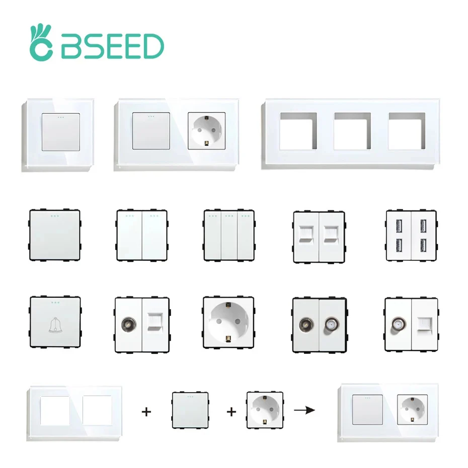 BSEED โคมไฟติดผนังสวิทช์ชิ้นส่วนกรอบกระจกสีขาว USB ซ็อกเก็ตโมดูลฟังก์ชั่น DIY EU CAT5 ซ็อกเก็ตทีวี Power ST TEL Outlet อะไหล่ 1