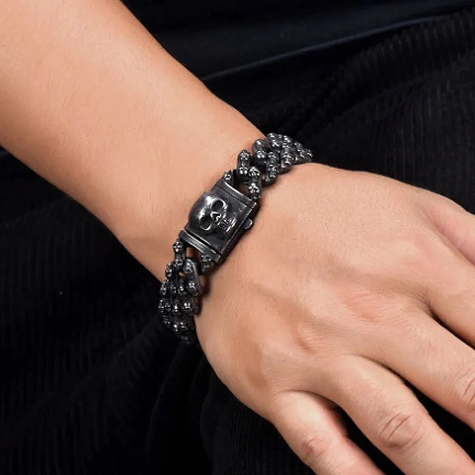 Bracelet crâne gothique pour hommes, en acier inoxydable 316L, breloque squelette, chaîne à Double maillons, bijoux Cool sur la main