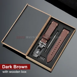 Elegant Genuine Leather Watch Band with Wooden Box & Butterfly Clasp Bracelet - 22mm (Dark Brown - Black)
