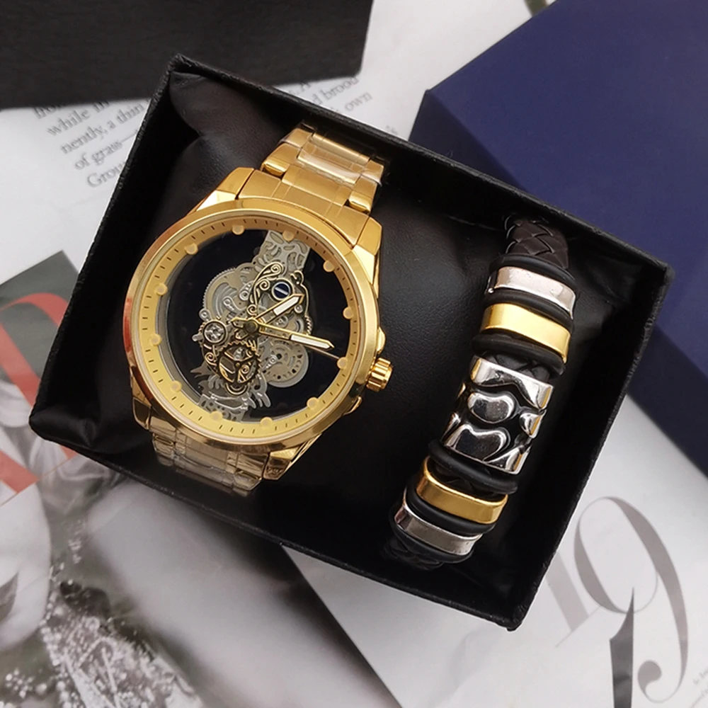 2Pcs Men's Watch Double Hollow out Full Automaton Non mechanical Watch Tourbillon Waterproof Steel Watch With Bracelet and Box