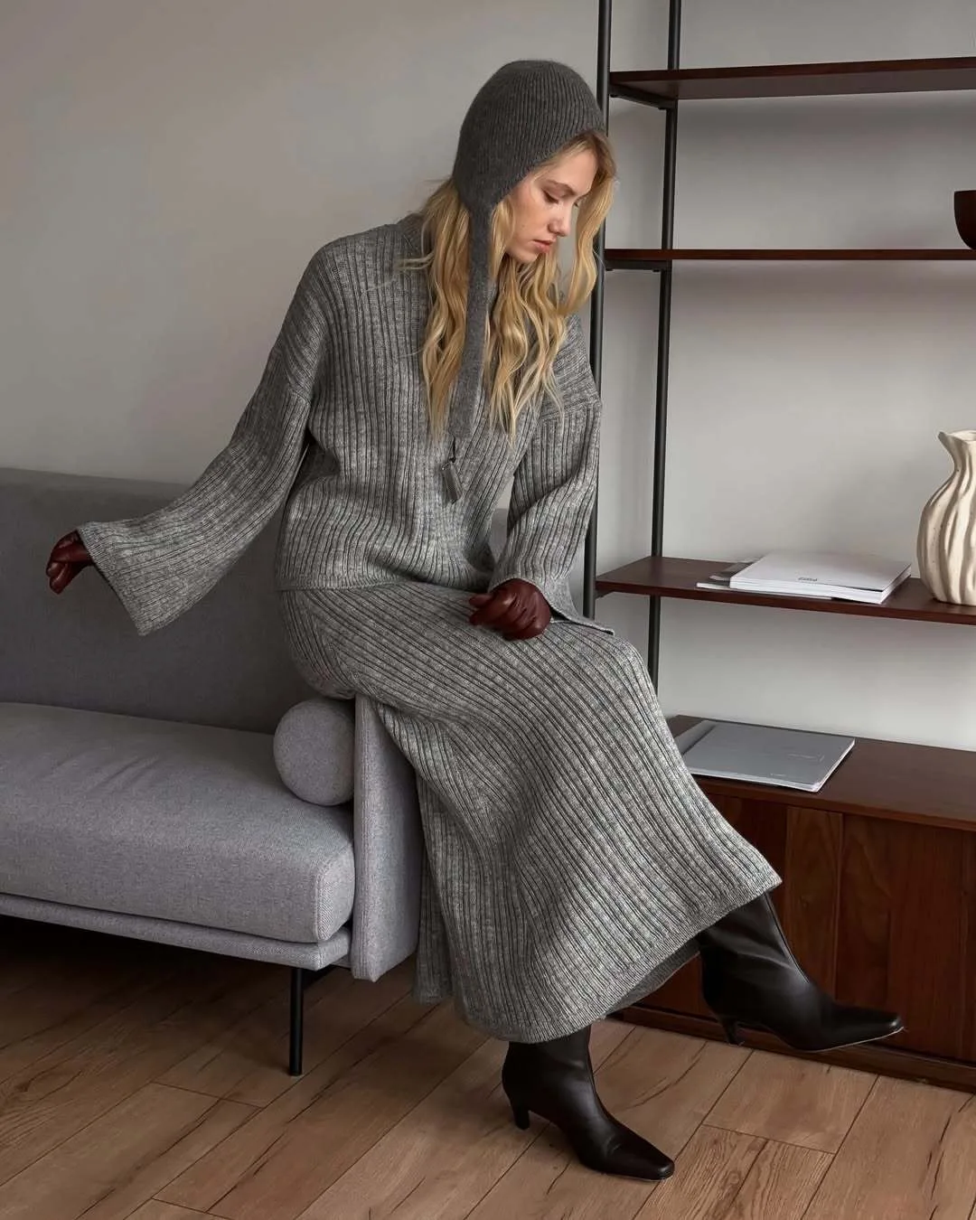 Hirsionsan Sexy Soft Elegant Vintage Women Suits 2 Pieces Female Sets Polo Neck Cardigan Sweater & Midi Dress Knitted TrackSuit Image 6