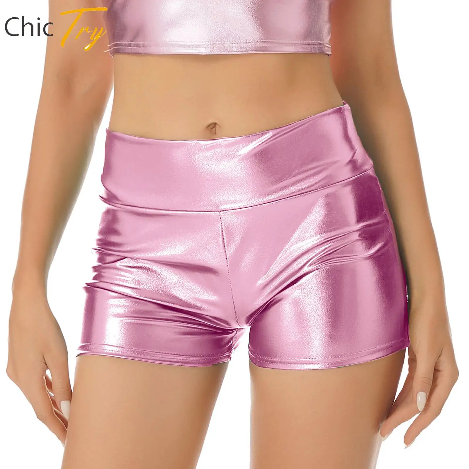 

Womens Pole Dance Shorts Party Club Rave Dance Shorts High Waist Shiny Metallic Patent Leather Hot Shorts Jazz Dance Bottom