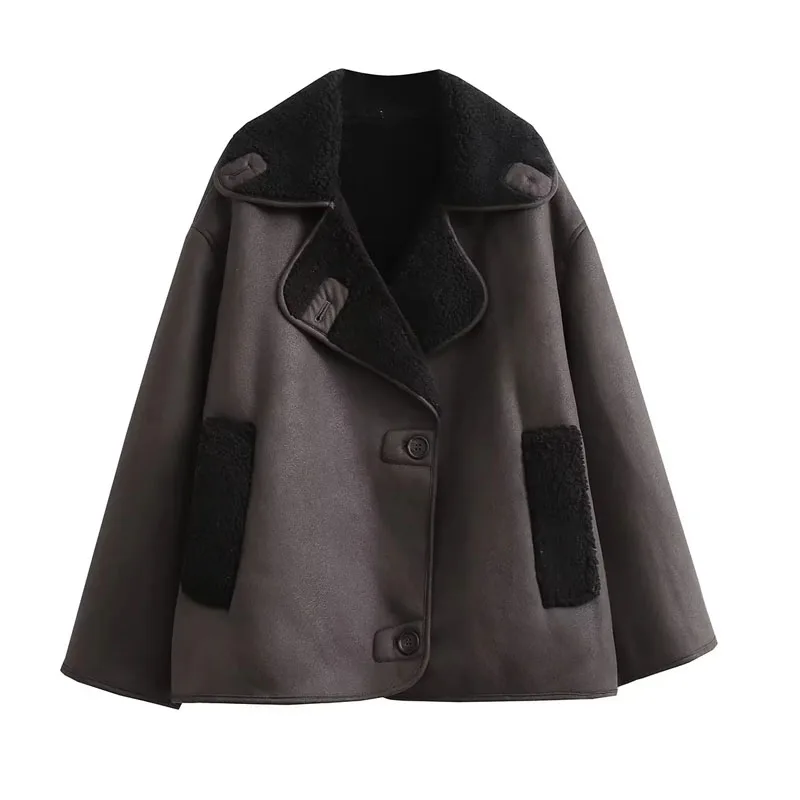 TRAF Thick Faux Leather Jackets for Women Autumn Winter Warm Jackets Woman 2024 Faux Wool Coats Long Sleeve Oversized Jacket 4