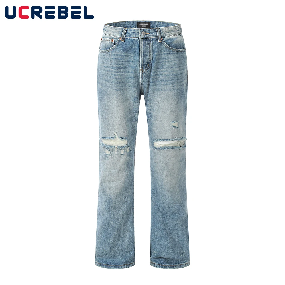 

Washed Blue Distressed Jeans Men Loose Straight-leg Streetwear Ripped Hole Denim Pants Men Casual Trousers