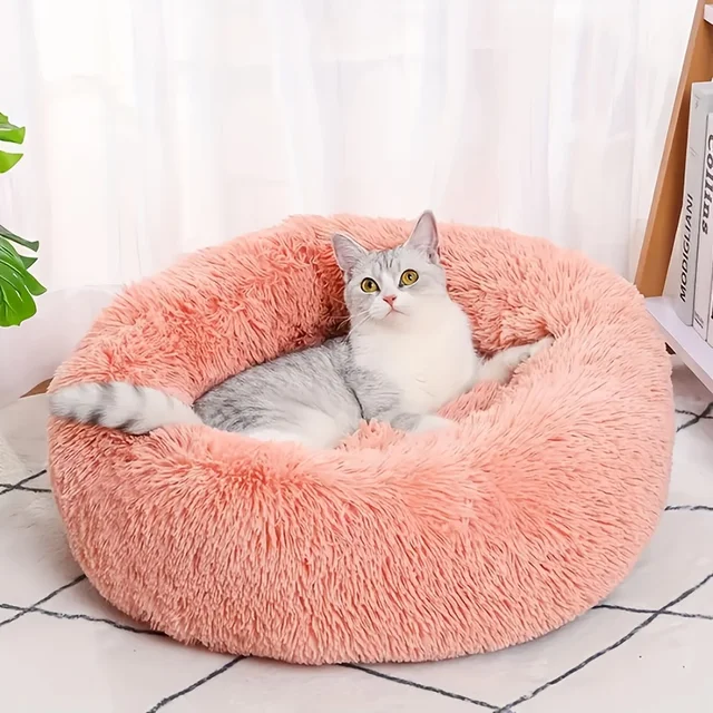 1PC comfortable striped plush pet bed, suitable for cats and dogs,warm,deep sleep round nest,filling,gray,soft,indoor 2