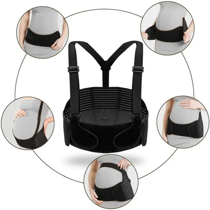 Double Support Back Abdomen Brace Shoulder Strap Lumbar Adjustable Black M-XXL Special Abdominal Care Belt for Pregnant Women