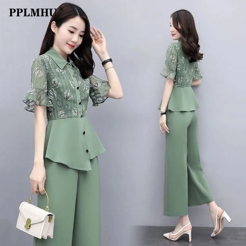 Elegant 2 Piece Set Women Summer Outfit Korean Short Sleeve Ruffle Irregular Blouse + Fashion Wide Leg Pant Suits Ensemble Femme