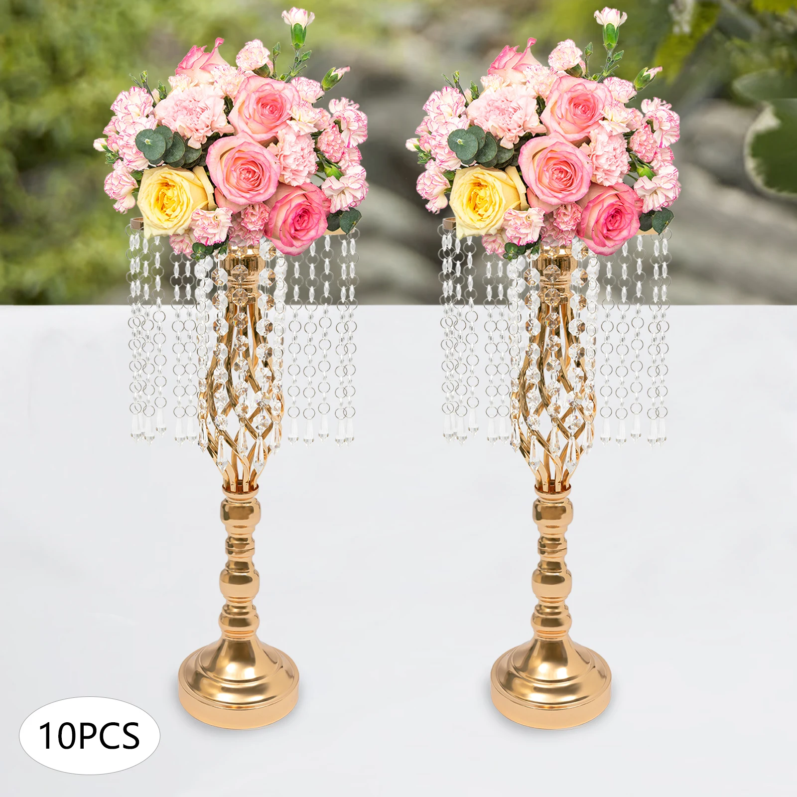 

10Pcs 19.3inches Tall Crystal Flower Stand Wedding Centerpieces Flower Vase Holders Metal Road Lead for Party Events Gold