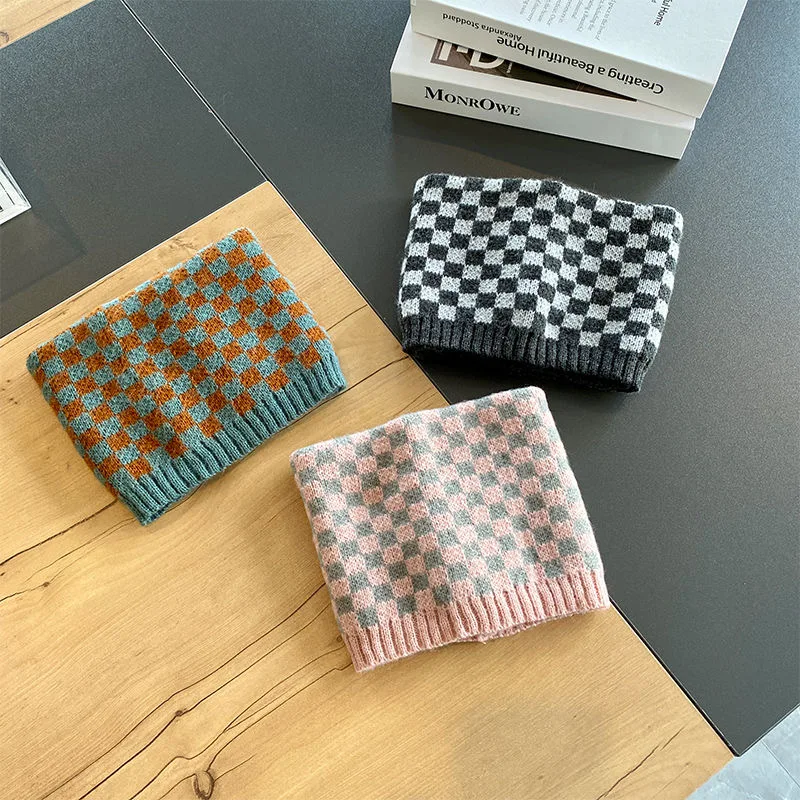 Children's check autumn and winter Korean simple scarf retro boys and girls knit double layer warm