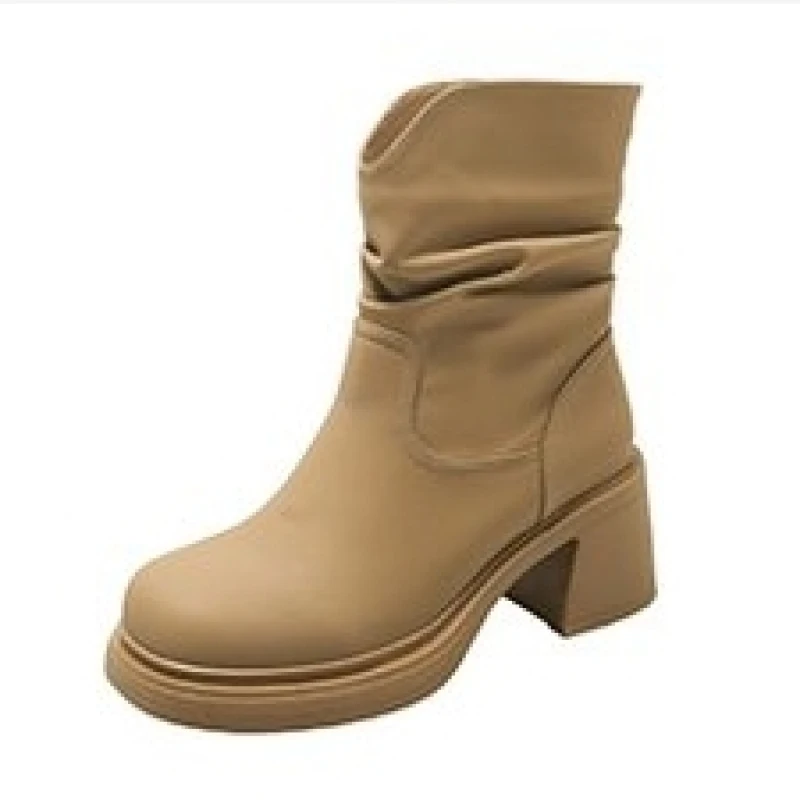 NEW British Style Round Toe Platform Womens Short Boots Soft Leather Pleated Slip-On Thick High Heels Ankle Boots Female Shoes