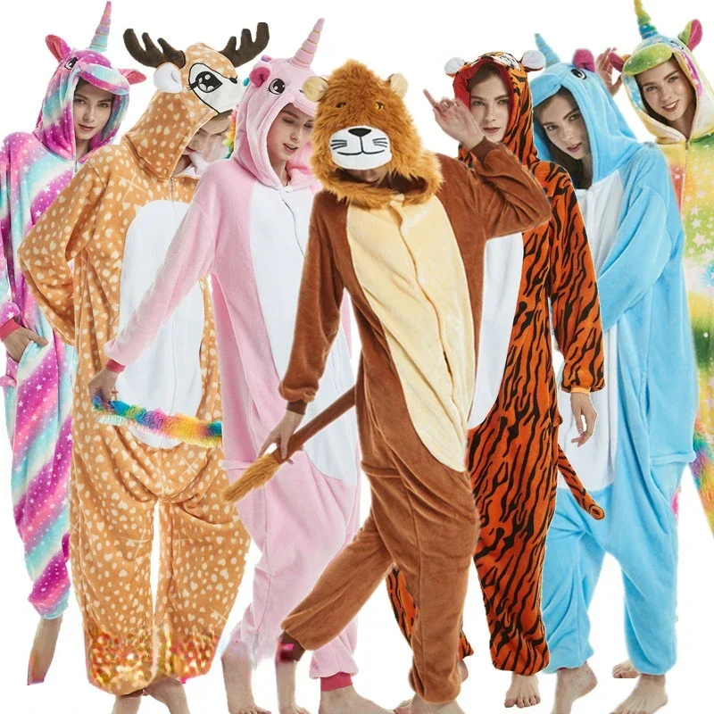 Unicorn Onesies Unisex Winter Panda Tiger Lion Cat Onesies Women Nightwear Anime Costumes Kids Adults Flannel Sleepwear Pajamas