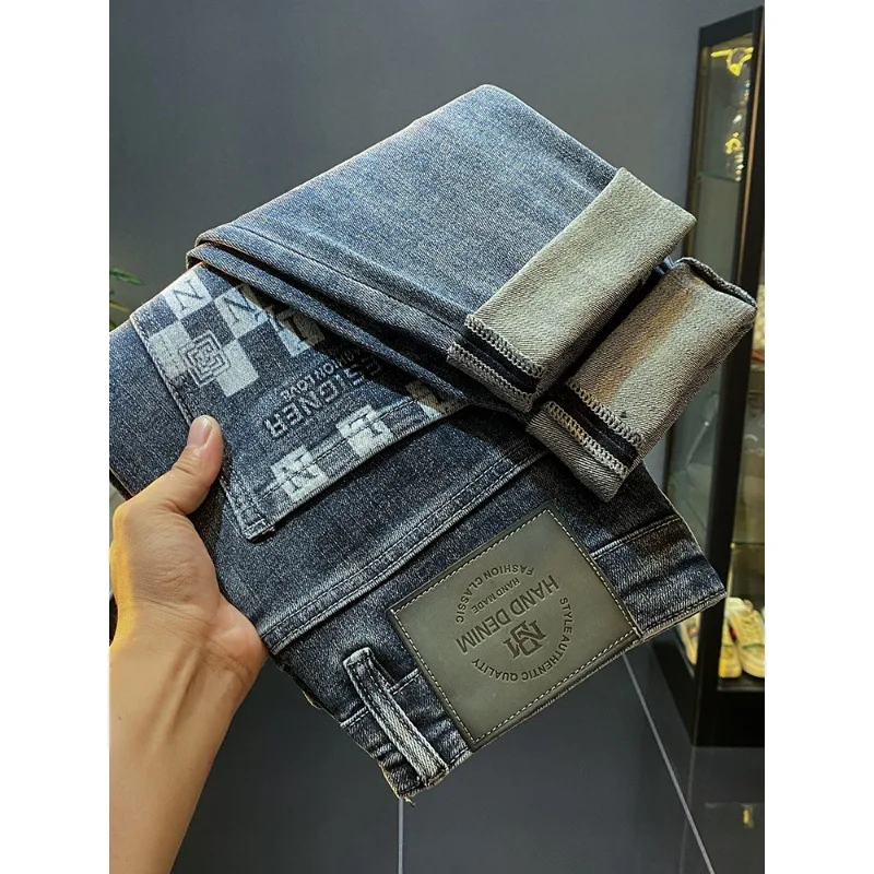 Jeans Men's 2023 Autumn and Winter Stretch Slimming Skinny Fashion Printed Casual Trousers Skinny and All-Matching Pants