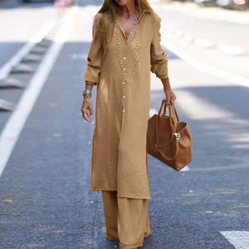 

Fashion Office Suits Spring Casual Lapel Button Shirt With Long Pants Commuting Set Retro Ladies High Street Straight Outfits5XL
