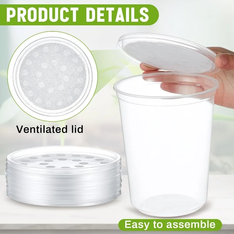 12 Sets of 32 oz Plastic Fresh Fruit Fly Culture Insect Culture Cups with Vented Fabric Lids Insect Container