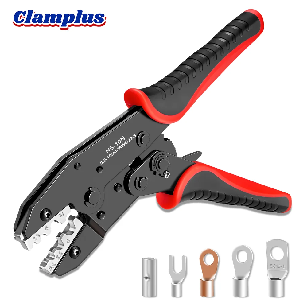 HS-10N Ratchet Crimping Tool for Bare Terminals 0.5-10mm&sup2; AWG22-8 Hand Crimper C45/SC/UT/OT Non-Insulated Ratchet Crimper