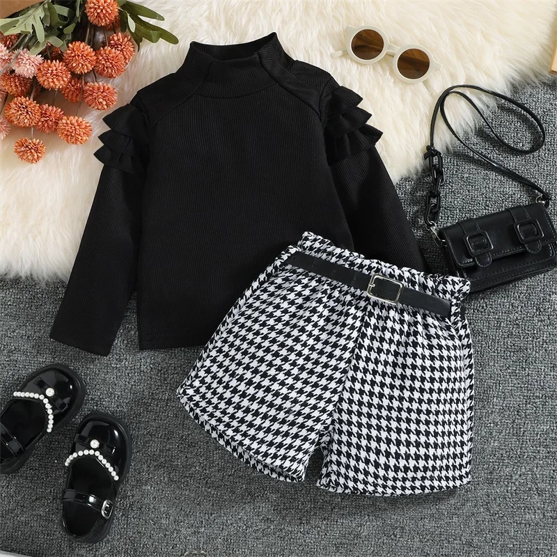 1-6Y Kids Girls Autumn Clothes Set Baby Ruffle Long Sleeve High Neck Ribbed Tops + Houndstooth Short Pant + Belt Children Outfit, kids clothing set,girls clothing set