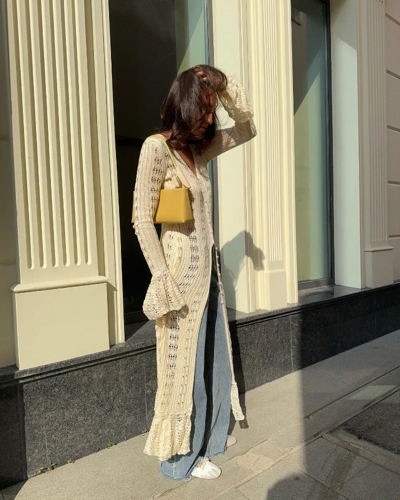 Deep V Neck Long Cardigan Dress - Elegant Hollow Knit Cover Up for Women