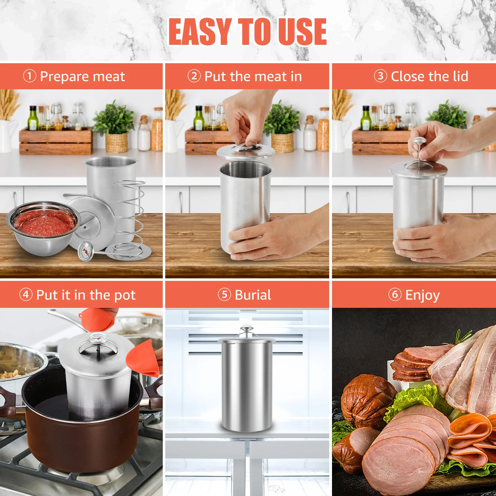 Meat Press Mold With Thermometer Stainless Steel Ham Maker Compression Spring Design Meat Press Kitchen Tool for Pork Beef