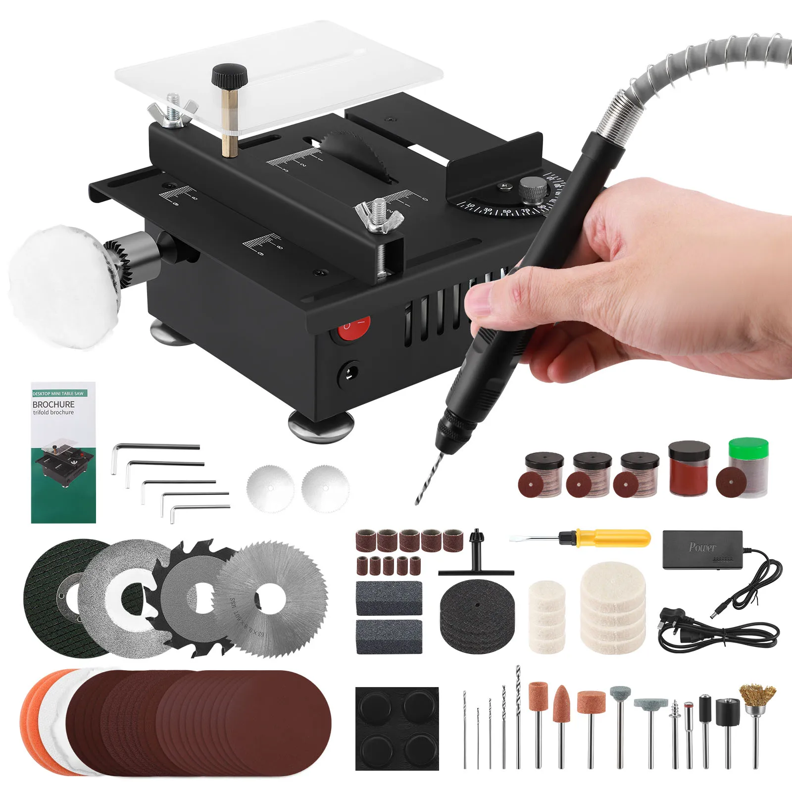 Tischkreissäge, 100 W, Mini-Desktop-Elektrosäge, Geschwindigkeitswinkel, verstellbar, 16 mm Schnitttiefe mit Klinge, flexibler Schaft, Zubehör