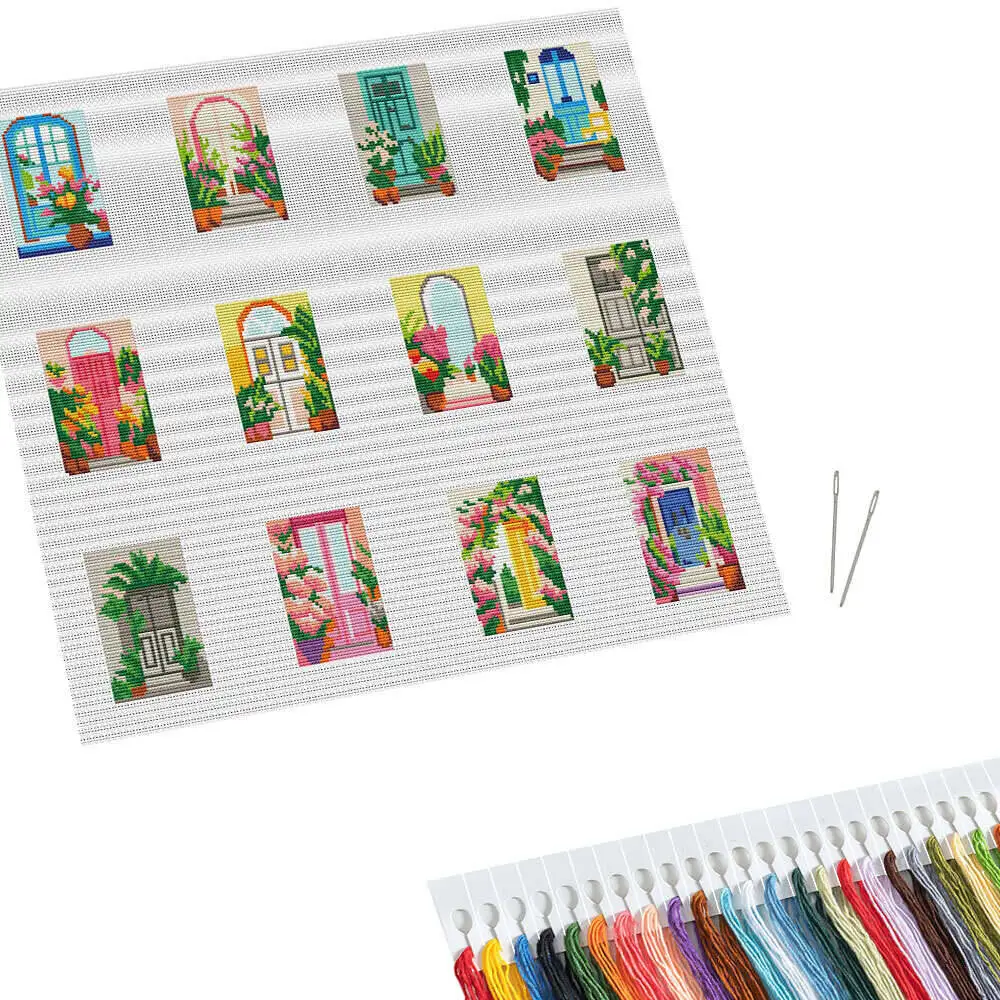 12Pcs 11Ct 도어 크로스 스티치 세트 자수 키트 코튼 스레드 그림 인테리어 벽 장식 거실