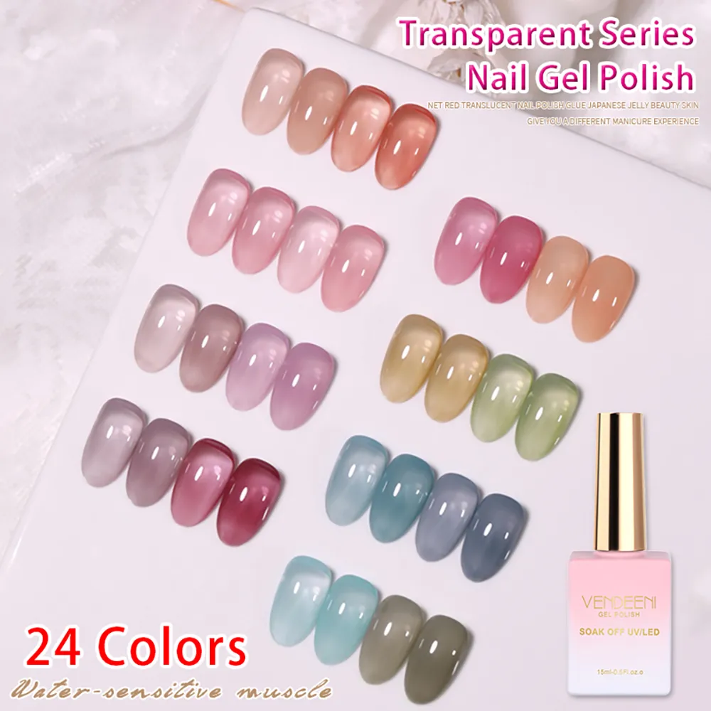 

Vendeeni 24 Colors Jelly Transparent Gel Nail Polish Nude Pink Skin Color UV Soak Off Gel Varnish Jade Nail Art Gel Lacquer 15ml