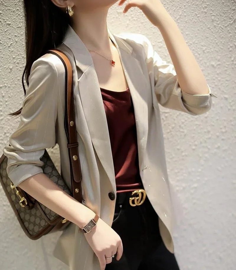 Simple Striped Solid Colors Blazers Spring Autumn Thin Casual Commute Blazers Lapel Single Breasted Suits Chic Business Clothing