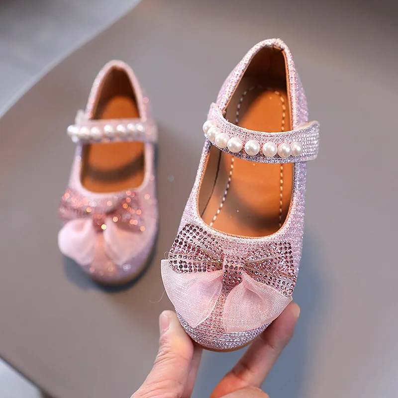 Spring New Girls Leather Shoes Princess Cute Bow Pearl Baby Girl Shoes Soft Bottom Kids Sneakers Toddler SP118