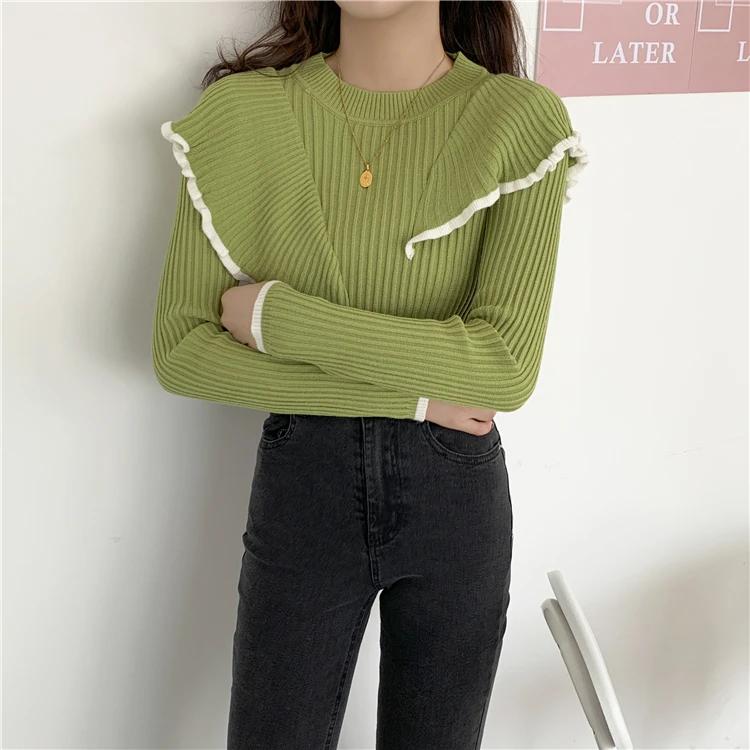 turtleneck sweater HziriP OL Basic Bottoming Knit Sweater 2021 New Korean Style Flounced Stitching Pullover Sweaters Slim Warm Thick Knitted Tops pink sweater Sweaters