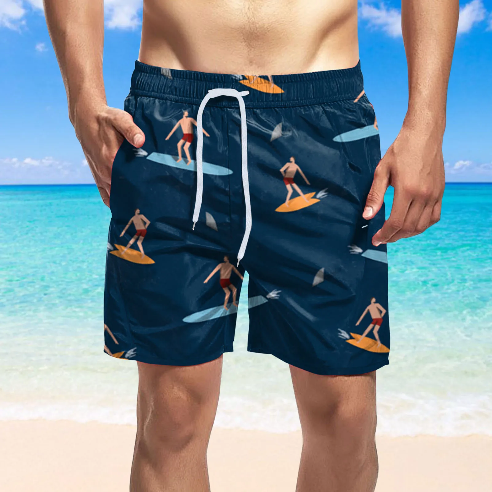 

Mens Board Shorts Trendy Cartoon Print Swimming Trunks Drawstring Double Pocket Breeches Knee Swimwear Hawaiian Surfing Shorts