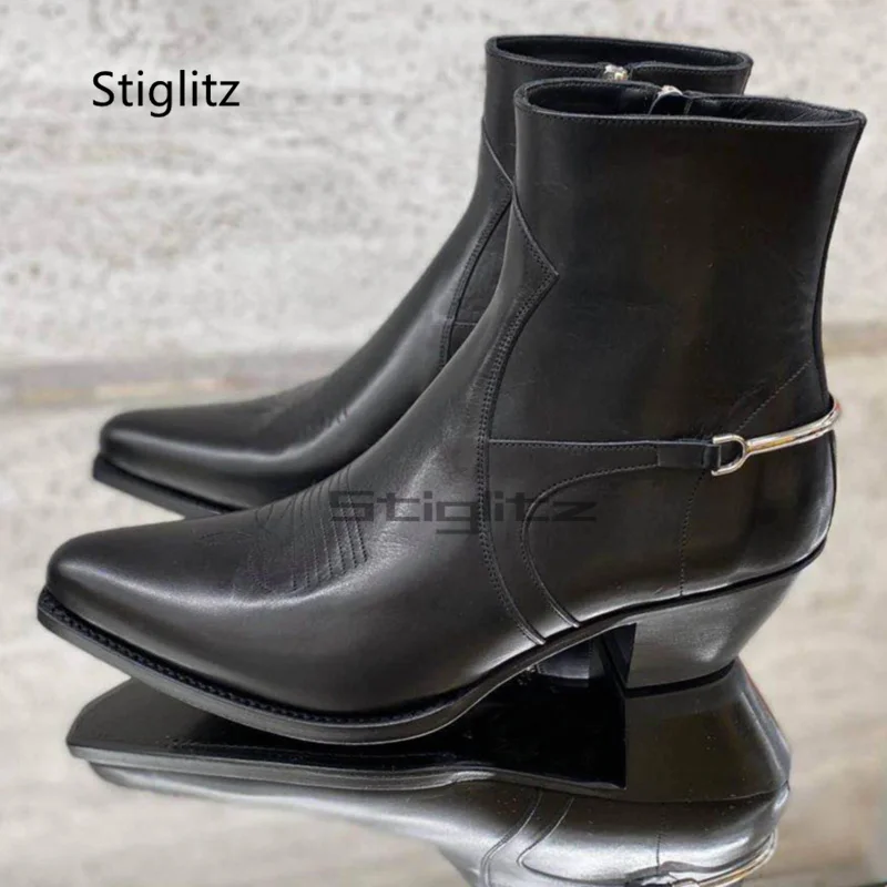 Genuine Leather Embroidery Men's Boots Pointy Chelsea Boots Snakeskin Metal Decor Chunky Heeled Ankle Boots Party Male Shoes