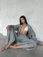 Marthaqiqi Striped Women'S Pajamas Suit Long Sleeve Nightgowns Sexy Turn-Down Collar Nightwear Pants Loose Ladies Sleepwear Set - Image 2