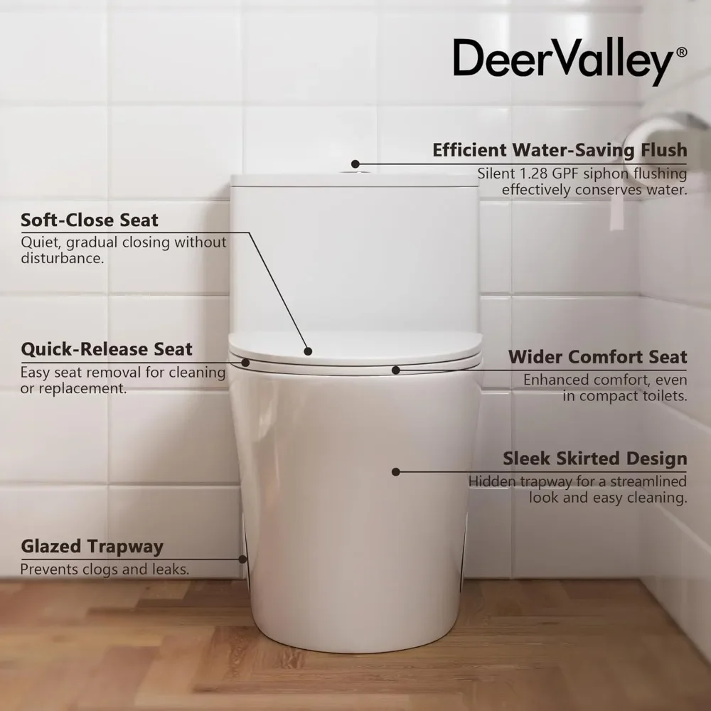 NEW-DeerValley Compact One Piece Toilet Elongated, Modern Toilet with Soft Close Seat Ceramic Glossy for Small Bathroom Space