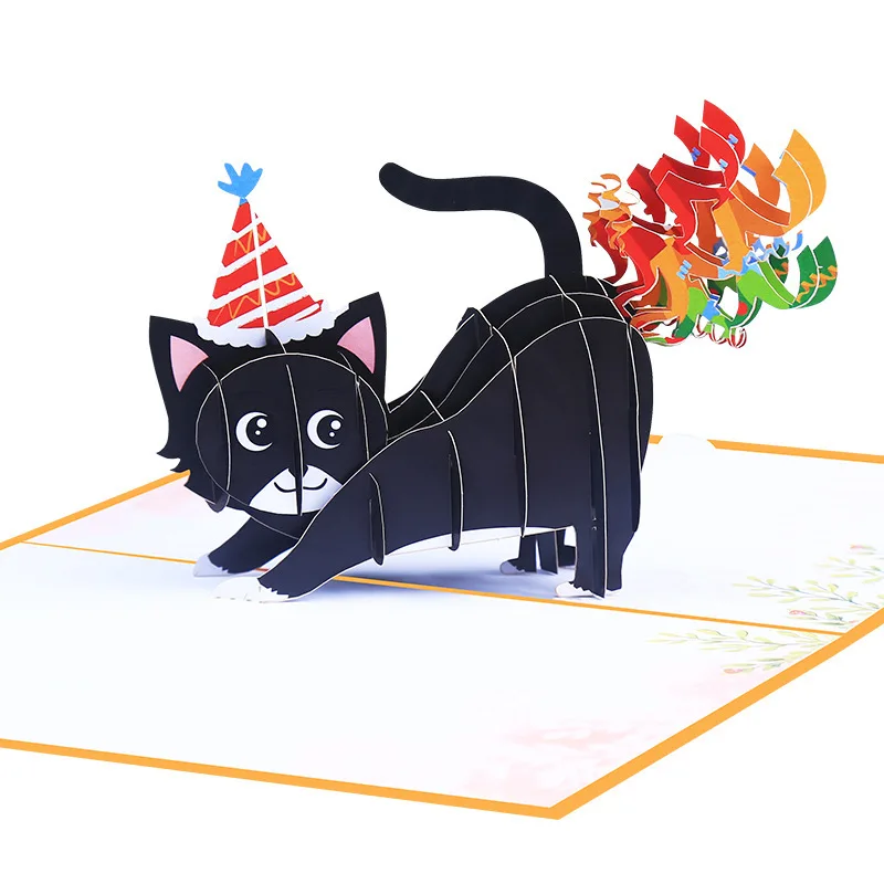 

3D Pop UP Happy Birthday Greeting Invitation Cards With Envelope Postcards 3D Black Cat Birthday Card Party Supply