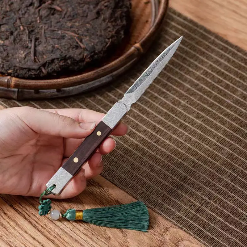 Zen Tea Knife Handmade Tea Needle Black Sandalwood Damascus Pattern Steel Puer Knife Set Accessories tea cutter tea needle set tea making tools