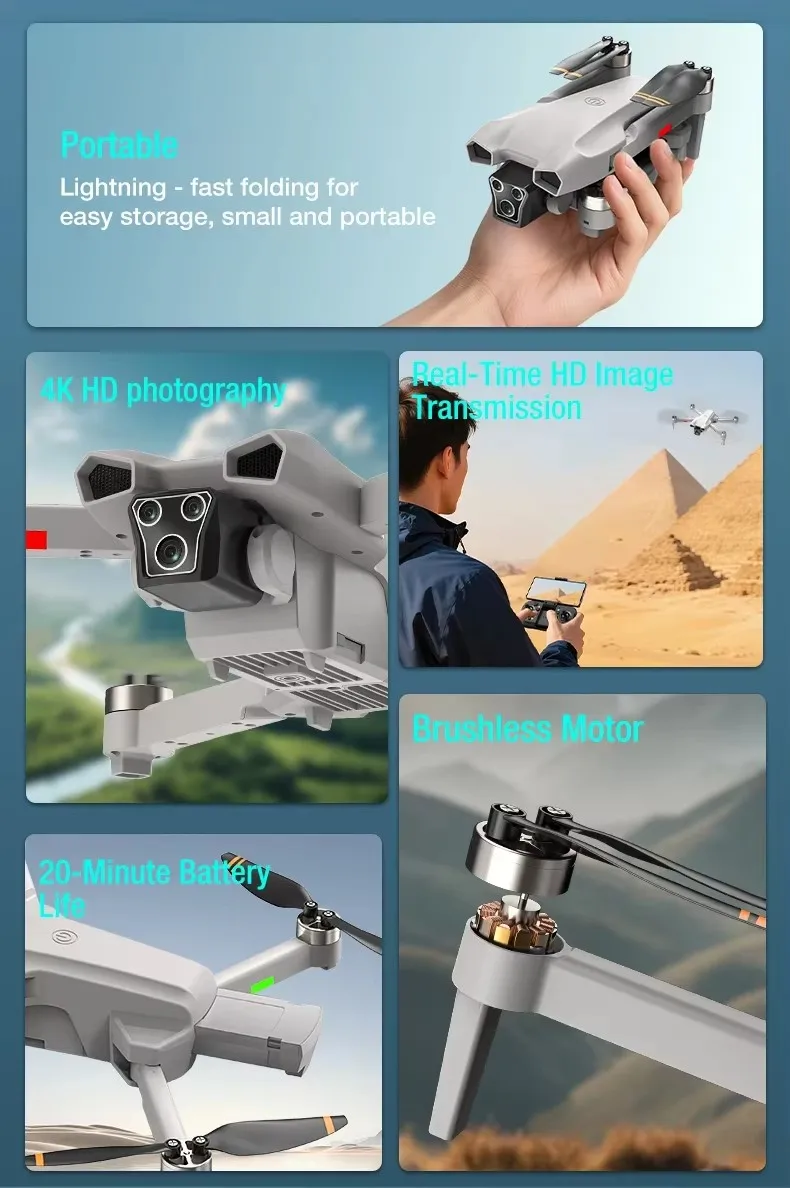 Drone 8K pliable avec 3 batteries, autonomie prolongée et transmission HD en vol stationnaire
