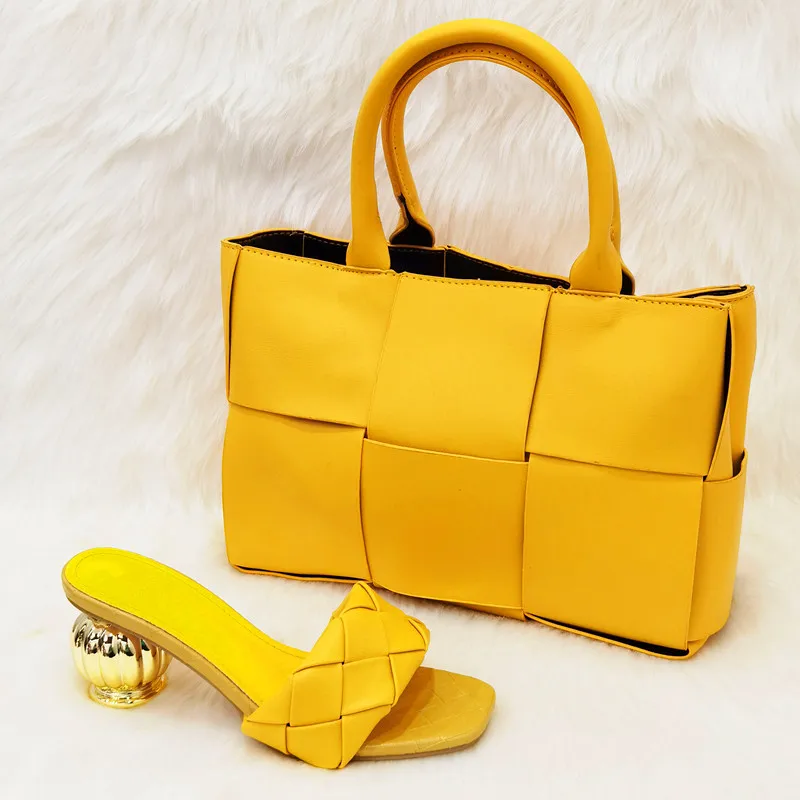 

Hot Sale Medal Heel 6CM Women Yellow Shoes Match Handbag Set African Dressing Pumps And Bag CR915