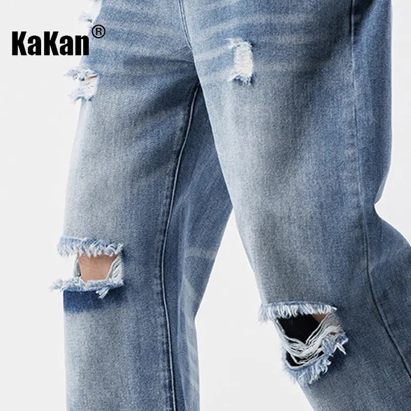 Kakan - Washed Loose Distressed Jeans Men's Wear, Versatile Style Straight Leg Wide Leg Casual Blue Long Jeans K24-JD192