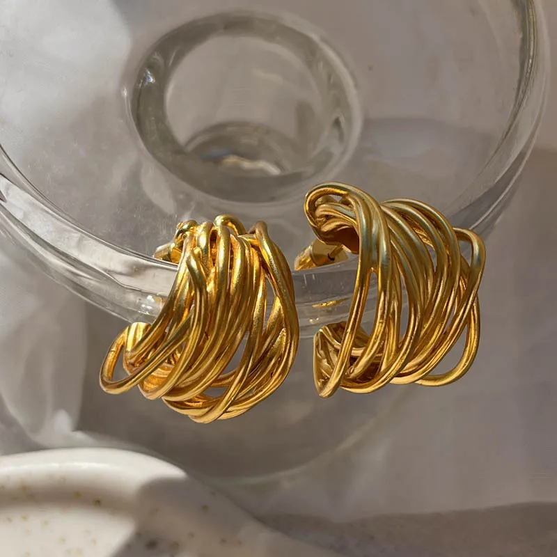 Vintage Multilayer Hollow Gold Plated Metal C Shape Dangle Earrings Women Stainless Steel Ear Stud Huggie Hoops Designer Jewelry